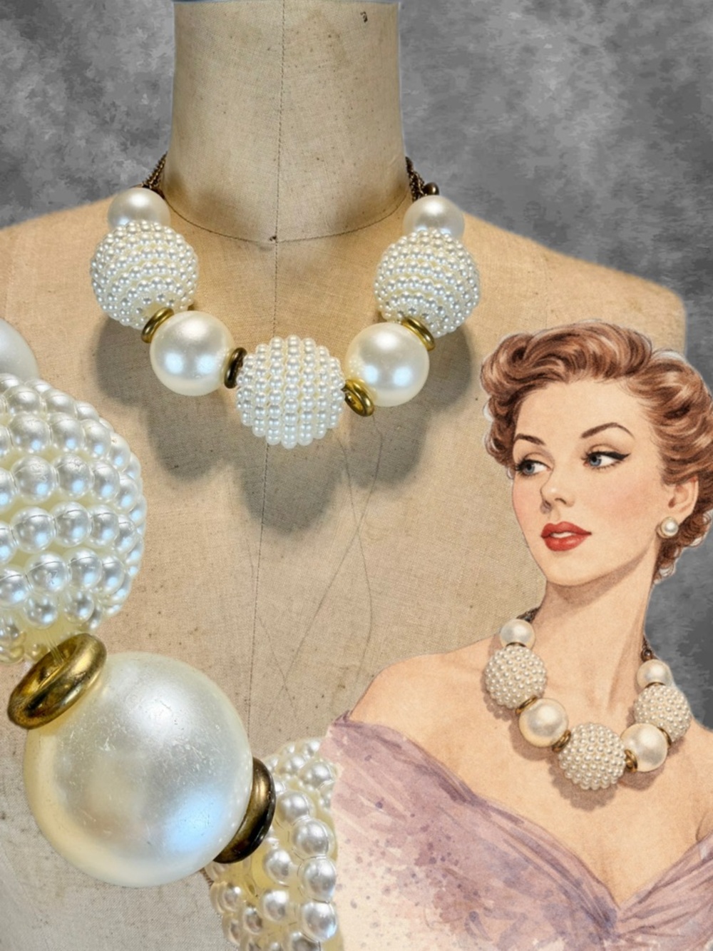 VINTAGE pearl large choker necklace statement estate‎ jewelry white gold glamour
